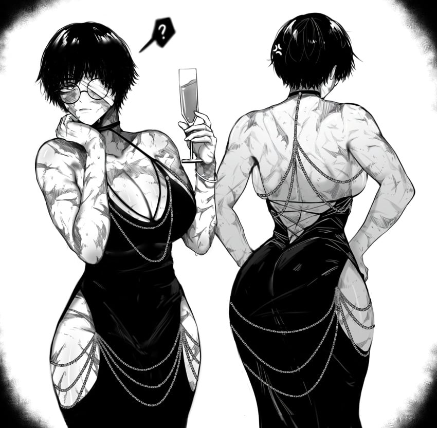 1girls ass back back_view backboob bandage bandage_on_face bandages bare_shoulders behind behind_view big_breasts burn_marks burn_scar burns busty child_bearing_hips clevage clothed dress drink female female_only glass glasses hips holding_drink huge_breasts jujutsu_kaisen large_ass large_breasts large_butt masoq095 modakawa_dress monochrome mostly_clothed revealing_clothes scar scarred scars scars_all_over short_hair shounen_jump tomboy very_short_hair wholesome wide_hips wounds zenin_maki