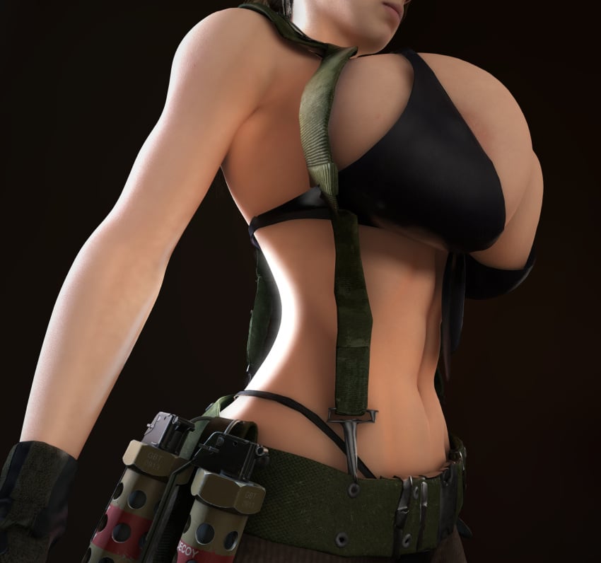 1girls 3d 3d_(artwork) alternate_breast_size ammo_belt areola_slip belt bikini_top black_bikini_top breasts clothed_female female female_only female_solo gloves grenade huge_breasts human human_female human_only metal_gear metal_gear_solid metal_gear_solid_v midriff quiet_(metal_gear) smoke_grenade solo solo_female vaako