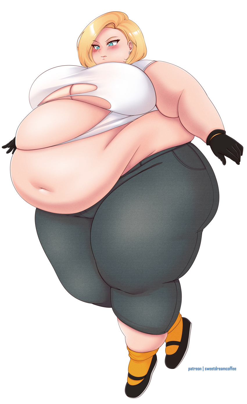 android_18 bbw belly_overhang big_belly big_female blush chubby chubby_female dragon_ball dragon_ball_z embarrassed fat fat_arms fat_female fat_fetish fat_girl fat_rolls fat_woman fatty huge_belly large_female morbidly_obese morbidly_obese_female obese obese_female overweight overweight_female plump pork_chop ripped_clothing sweetdreamcoffe thick_thighs tubby weight_gain