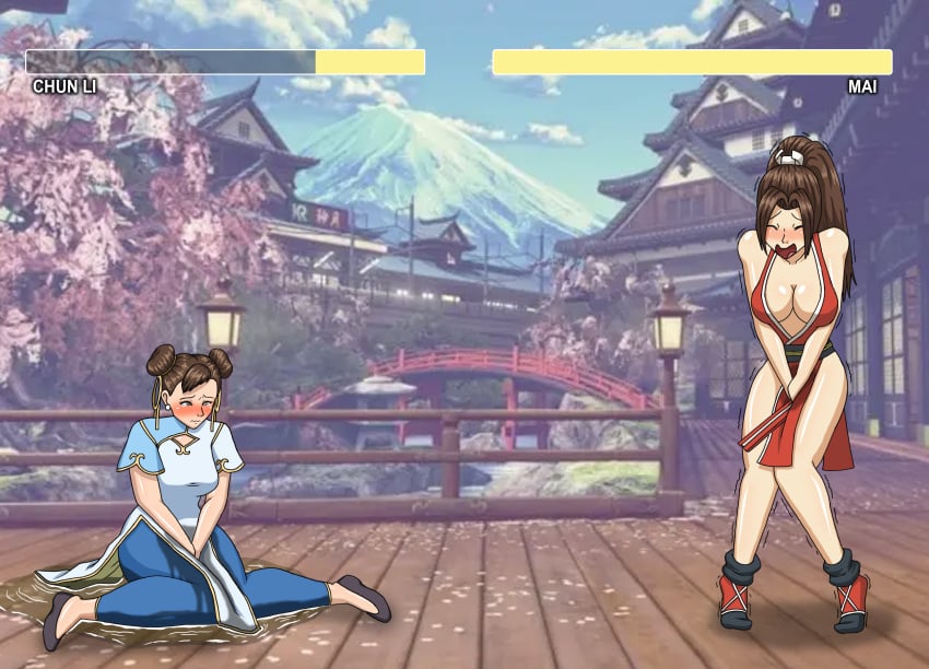 2girls blush chun-li fatal_fury female female_only fight have_to_pee human karma king_of_fighters mai_shiranui multiple_girls nervous omorashi papergami peeing peeing_self shaking sitting sitting_in_urine street_fighter street_fighter_6 urinating_female urination urine urine_on_ground urine_on_legs urine_pool urine_stream wetting wetting_self