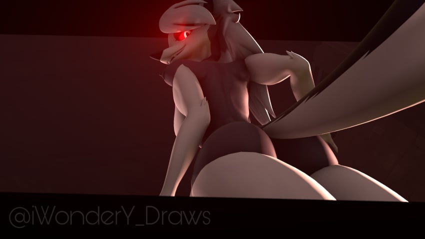 16:9 3d anthro ass big_tail canid canine canis demon digital_media_(artwork) fangs female fur glowing glowing_eyes grin hair helluva_boss hi_res iwondery long_hair loona_(helluva_boss) mammal muscular muscular_female red_sclera smile solo source_filmmaker_(artwork) tail teeth white_body white_eyes white_fur widescreen wolf