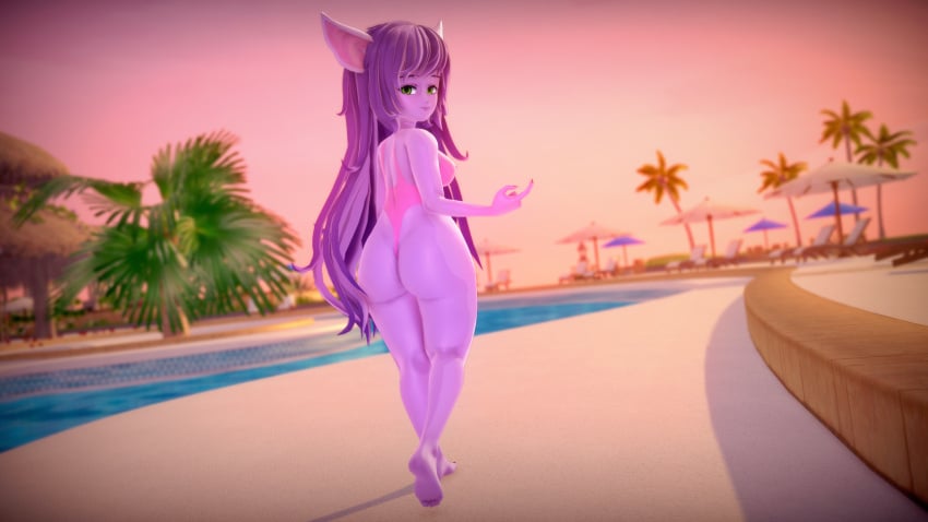 3d ass beckoning cat_ears claws feet green_eyes half-closed_eyes hips koikatsu league_of_legends long_hair looking_at_viewer lulu_the_fae_sorceress nipple_bulge non-human pinup pool purple_hair purple_skin shiftnoid_(artist) sideboob smile swimsuit thick_thighs thong_leotard