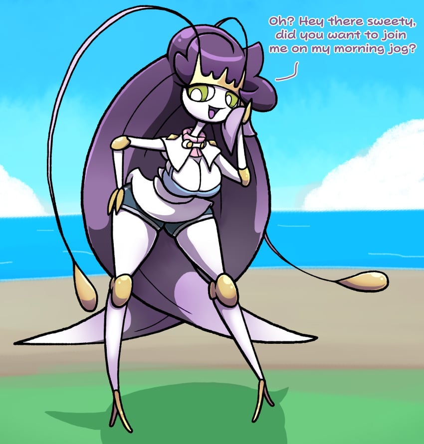 anthro anthro_only bug bug_girl chabble english_text green_eyes insect_girl leaning_forward nintendo pheromosa pokegirl_as_pokemon pokemon pokemon_(species) pokemon_sm post_transformation purple_hair standing text ultra_beast wicke_(pokemon)