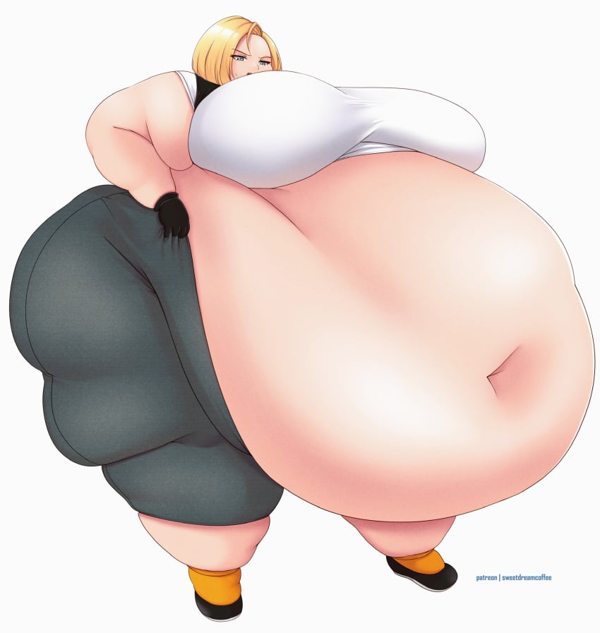 android_18 bbw belly_overhang big_belly big_female blush chubby chubby_female dragon_ball dragon_ball_z embarrassed fat fat_female fat_fetish fat_girl fat_woman fatty huge_belly large_female massive_belly morbidly_obese morbidly_obese_female obese obese_female overweight overweight_female plump pork_chop sweetdreamcoffe thick_thighs tubby weight_gain