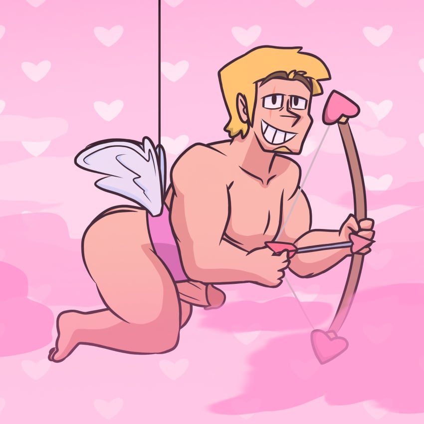 arrow blonde_hair bow brawl_stars buttocks grom_(brawl_stars) honeycomb muscles nude nude_male penis_out pink_background rockstar_dragon_heart smile