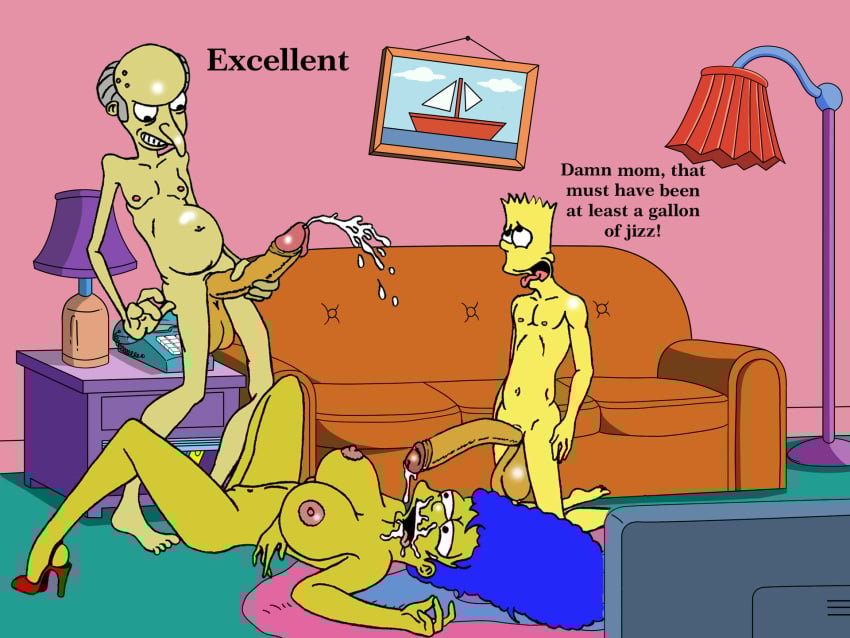 20th_century_fox 20th_century_studios accurate_art_style after_oral bart_simpson cum_in_mouth female high_heels hyper_penis incest male male_masturbation marge_simpson masturbation montgomery_burns penis sbb the_simpsons yellow_body yellow_skin