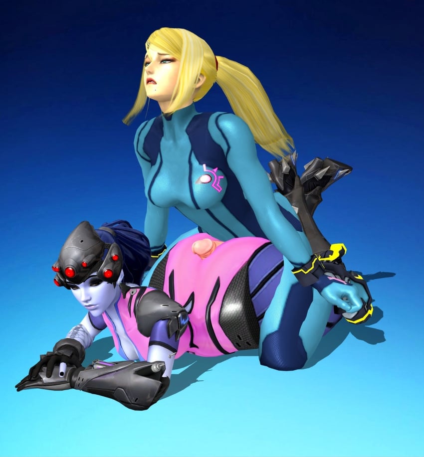 2girls 3d ass blonde_hair blue_hair buttjob central-tides crossover curvy female futa_on_female futanari huge_ass intersex large_penis metroid nintendo on_stomach overwatch samus_aran skin_tight thick_thighs wide_hips widowmaker xnalara xps zero_suit