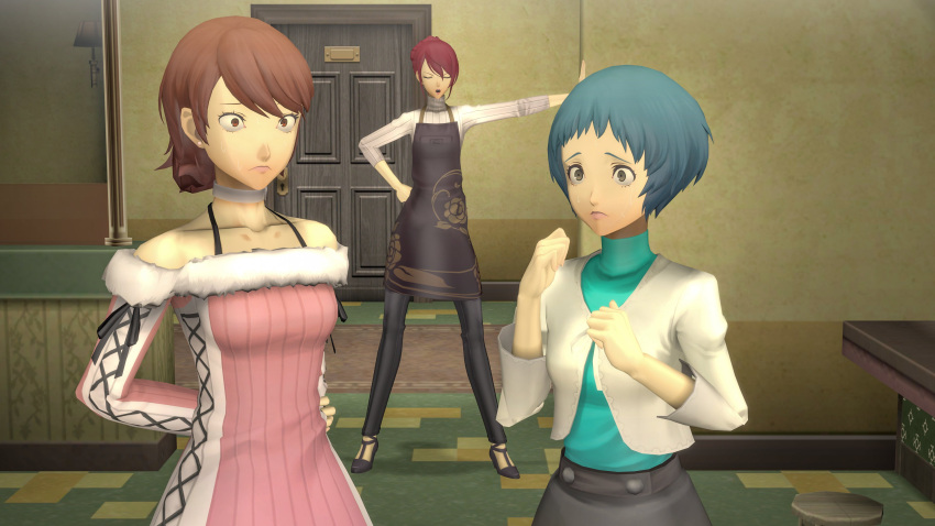 1girls 2futas apron brown_hair futanari fuuka_yamagishi light_blue_hair mitsuru_kirijo persona persona_3 red_hair tagme theboobedone yukari_takeba