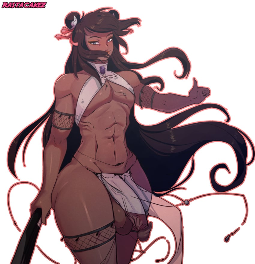 1boy dark-skinned_male hair_ornament hairbuns hung_trapoin lipstick loincloth_aside loincloth_bulge long_hair_male long_penis male male_only neck_ribbon rastacakez revealing_clothes solace_(elementalspec_8) solo_male yaoi