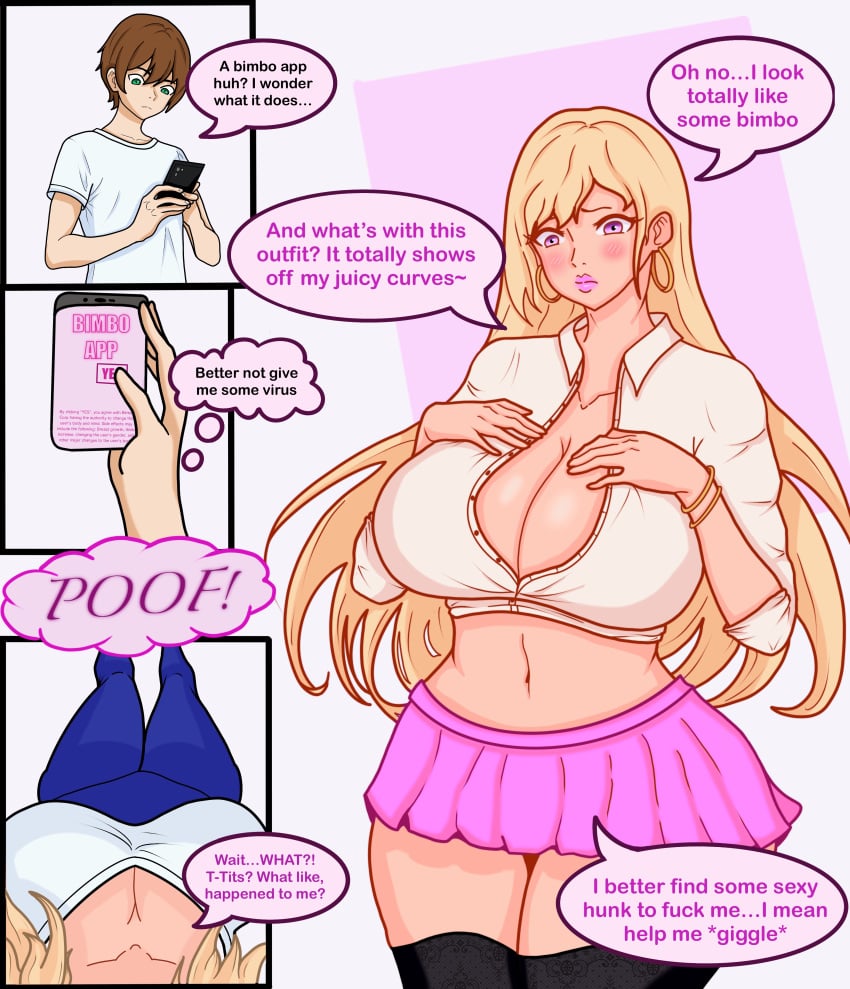 1boy 1girls big_breasts bimbo bimbo_transformation bimbofication blonde_hair cleavage comic curvy earrings female_pov gender_transformation genderswap_(mtf) hands_on_breasts huge_ass huge_breasts lipstick mental_transformation midriff oggemyman pink_eyes pov shirt skirt text thick_thighs transformation wide_hips