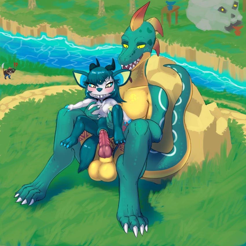 2018 3_toes 4_fingers 4_toes 5_fingers ?! animal_genitalia anthro anthro_only arm_markings balls being_watched big_balls blue_fur blue_scales blush breasts breath_of_the_wild buckteeth caught claws collar colorful dirt drxsmokey female fur grass hair horn interspecies kixl_(character) knot leg_markings lizalfos lizard male mammal markings melee_weapon miniblin moblin monster nintendo nipples outside penetration polearm pussy reptile ridged_penis river rock scales scalie sefina_(character) sex shortstack size_difference skull skyward_sword spear straight tail_markings tattoo teeth the_legend_of_zelda toes tongue vaginal_penetration video_games water weapon white_fur wind_waker yellow_eyes yellow_scales