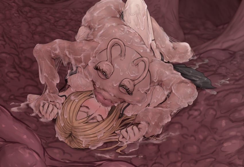 2girls aya_brea between_legs bhm_(artist) big_lips blonde_hair breast_press dress dubious_consent flesh_wall kissing monster multiple_girls parasite_eve slime sticky ugly_female wrist_grab yuri