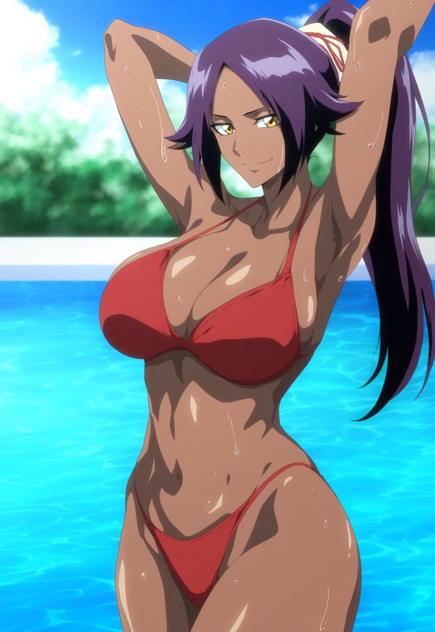 1girls ai_generated armpits arms_up big_breasts bikini bikini_bottom bikini_top bleach bleach:_the_thousand-year_blood_war breasts brown_skin cleavage curvaceous curvy curvy_body curvy_female curvy_figure dark-skinned_female dark_skin female female_focus hourglass_figure huge_breasts large_breasts long_hair midriff nai_diffusion ponytail pool poolside purple_hair red_bikini sagging_breasts shihouin_yoruichi skimpy skimpy_bikini solo solo_focus stable_diffusion swimsuit tofuro very_long_hair voluptuous voluptuous_female wet wide_hips