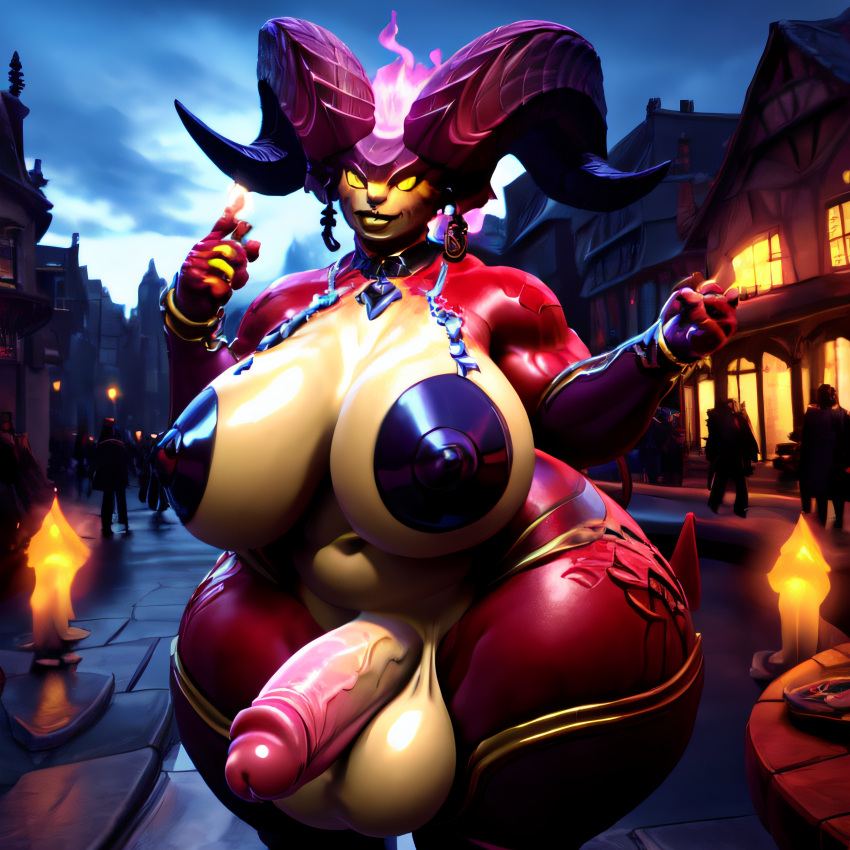 ai_generated big_penis darksiders darksiders_genesis demon dis_(darksiders) futa_only futanari glowing_eyes huge_balls huge_breasts public thick_thighs wide_hips