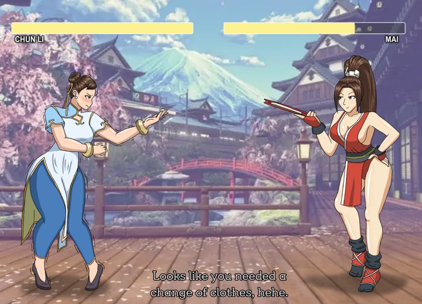 2girls chun-li crossover fatal_fury female female_only fight have_to_pee human king_of_fighters mai_shiranui multiple_girls nervous omorashi papergami shaking street_fighter street_fighter_6 talking_to_another text