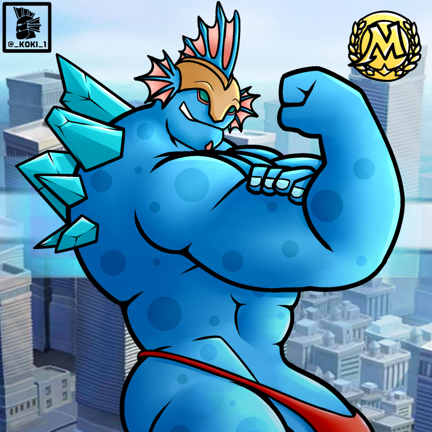 abs ass fish flexing flexing_bicep headwear koki_1 monster monster_legends muscular_male no_humans penis skydkold thong thong_pull