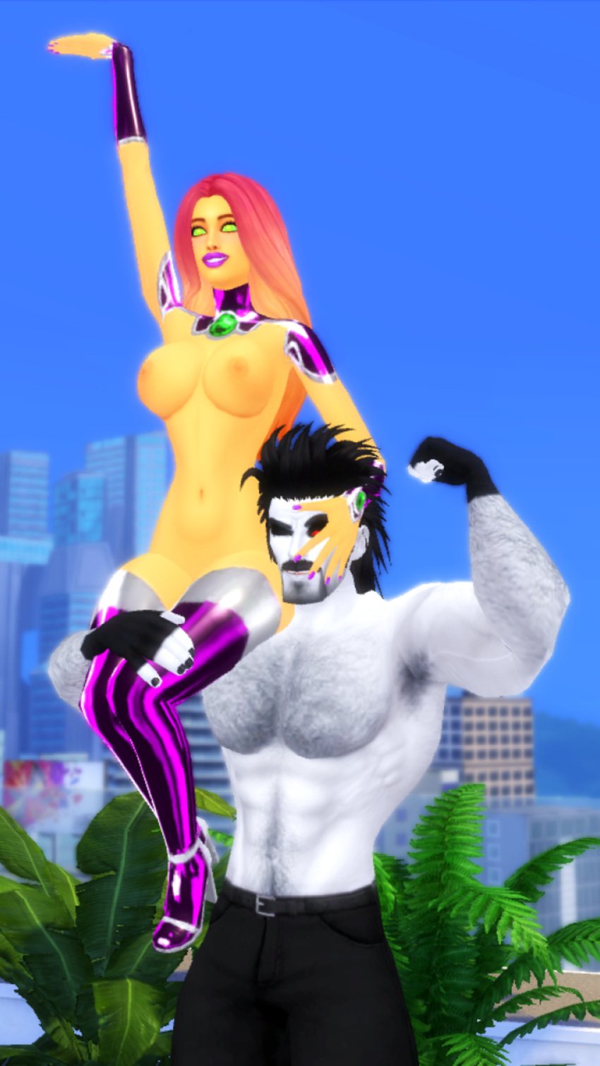 1boy 1girls 3d big_breasts dc dc_comics green_eyes hairy_male lobo_(dc) orange_skin pof3445 red_hair starfire teen_titans the_sims the_sims_4