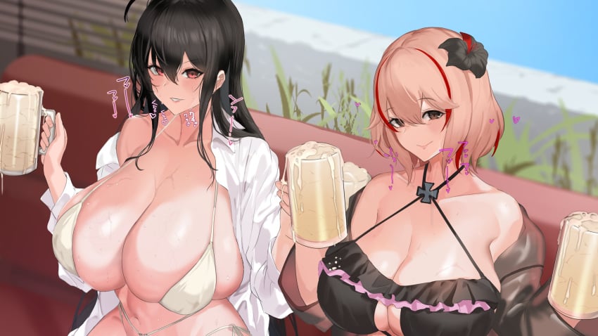 aji_(sakanaaj1) azur_lane bikini black_hair breasts cross cum cum_in_container cum_in_cup flower hair_flower hair_ornament highres iron_cross large_breasts midriff multicolored_hair nvel red_eyes roon_(azur_lane) sakanaaj1 salty_semen_sommolier streaked_hair sweat swimsuit taihou_(azur_lane) taihou_(temptation_on_the_sea_breeze)_(azur_lane)