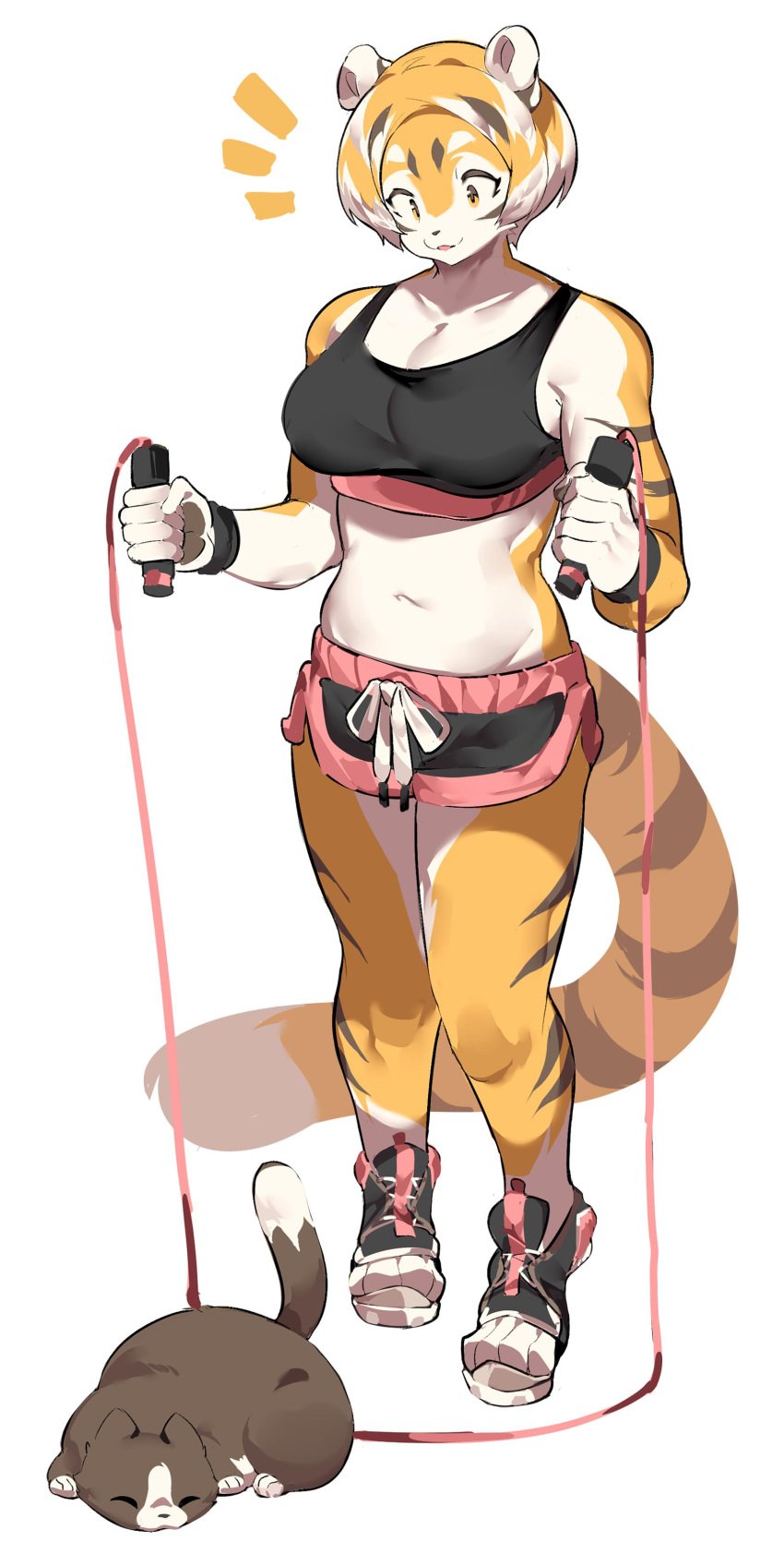 1girls anthro big_breasts breasts dolphin_shorts female furry jump_rope mx99926 oc short_hair short_shorts shorts smiling smiling_at_another solo solo_focus sports_bra striped striped_body striped_fur stripes thick_thighs wide_hips