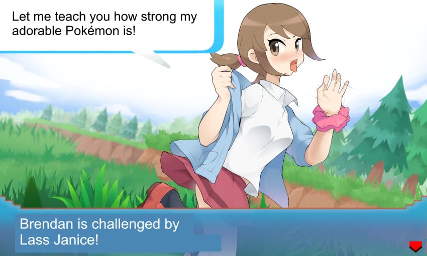 battle breasts defeated english_text kim_da-yoon lass_(pokemon) lass_(pokemon_oras) npc npc_trainer philipposter pokemon pokemon_oras pokemon_rse suggestive suggestive_gesture tongue tongue_out translated