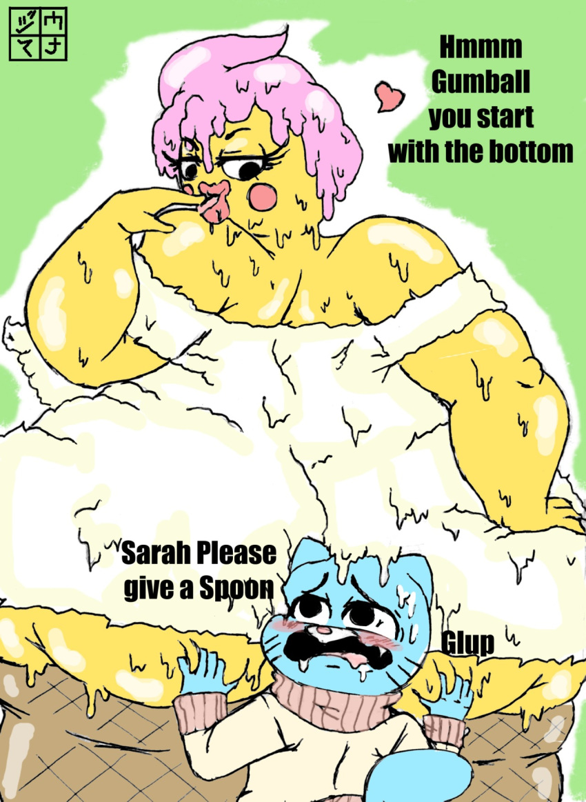 ass big_breasts big_butt blush breasts cartoon_network dessert dialogue dxoz female food gumball_watterson huge_butt ice_cream licking_finger obese_female sarah_(tawog) sarah_g_lato size_difference text the_amazing_world_of_gumball thick_thighs wide_hips