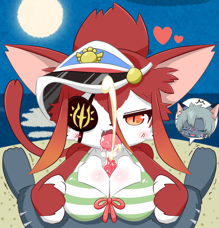 <3_eyes anthro anthro_on_anthro big_breasts bikini blush breasts cat_busters cleavage closed_eyes clothed clothing cum cumshot drooling duo ejaculation erection eye_patch eyewear feline female female_focus heart highres hinozuki looking_at_viewer male mammal open_mouth orgasm orgasm_face outercourse outside paizuri penis saliva sex solo_focus straight swimsuit thirteen tongue tongue_out vein veiny_penis