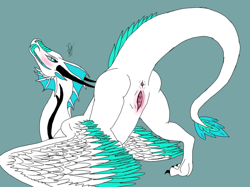 anus ass ass_up blue_eyes blush crest dragon feathered_wings feathers female feral fin horn khanczass open_mouth puffy_anus pussy raised_ass raised_tail raithypaints scales scalie simple_background smile solo tongue wings