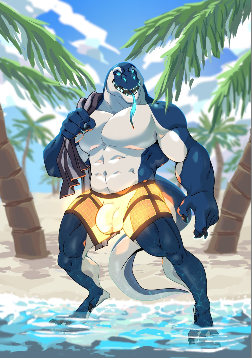 abs anthro beach biceps bioluminescence blue_eyes blue_skin bulge claws clothing glowing glowing_clothes komodo_dragon lizard long_tail male male_focus male_only monitor_lizard muscular muscular_male open_mouth palm_tree partially_submerged pecs penis_outline reptile scalie seaside sheer_clothing smile solo standing swimming_trunks swimsuit taoren teeth thick_thighs tongue tongue_out towel translucent transparent_clothing tree tropical vincent vincent_(fishbook5) white_skin