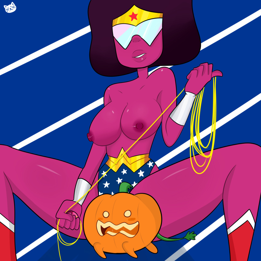 afro big_breasts black_hair blue_bikini_bottom bracelets brown_skin cosplay costume erect_nipples female female_only garnet_(steven_universe) gem_(species) gem_fusion glasses golden_belt halloween_costume looking_at_viewer mochakitkat nipples open_legs pumpkin pumpkin_(steven_universe) red_boots smiling_at_viewer steven_universe thick_lips thighs tiara topless wonder_woman_(cosplay)