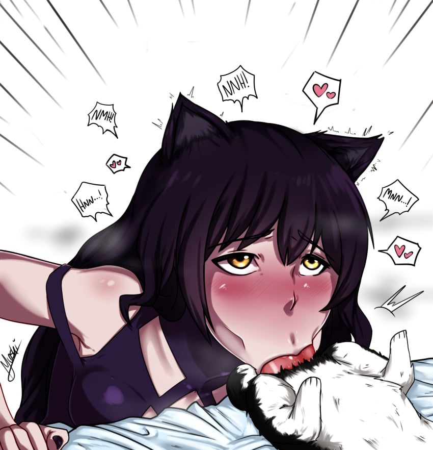 1boy 1girls :>= all_the_way_to_the_base animal_humanoid armpits black_hair blake_belladonna canine cat_humanoid clothed clothing corgi deepthroat digital_media_(artwork) duo erection faunus feline fellatio female feral fur furry hair heart human humanoid humanoid_on_feral interspecies large_penis male male_penetrating mammal moshimashi oral oral_penetration penetration penis petite rwby size_difference solo_focus spoken_heart straight teenager testicles yellow_eyes zoophilia zwei