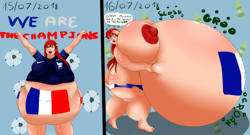 2018 bbw before_and_after big_belly big_breasts closed_eyes desastur digital_media_(artwork) elisa_(snoup77) erect_nipples female female_only france happy original original_character painted_face red_hair same_size_vore snoup77 solo text thought_bubble vore world_cup