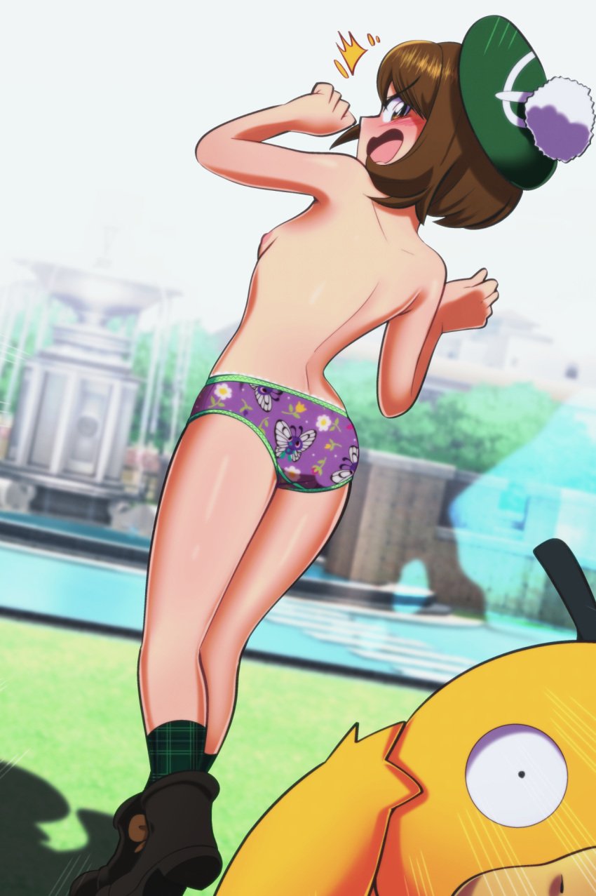 1girls anklehighs ass boots butterfree character_print childish_panties creatures_(company) crew_socks embarrassed embarrassed_nude_female enf euf-dreamer game_freak gen_1_pokemon gloria_(pokemon) green_socks nintendo nipples no_bra panties pattern_socks pokemon pokemon_(species) pokemon_ss print_panties psyduck purple_panties short_hair small_breasts socks socks_and_boots tiny_breasts underwear