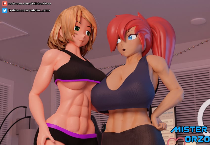 2022 2girls 3d abs blender blender_cycles blonde_hair blue_eyes breasts cleavage emma_lange female female_only fit fit_female green_eyes large_breasts misterorzo original ponytail red_hair short_hair standing tagme vaki_velho