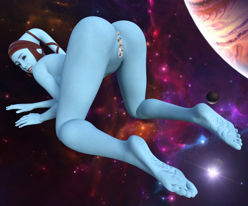 1girls 3d aayla_secura alien_girl all_fours aqua_skin artag3d ass bent_over blue_body blue_skin calves censored clone_wars daz_studio feet female happy headwear hips leather legs looking_back nude on_all_fours parted_lips planet pussy smile soles solo space space_background star star_wars thighs toes twi'lek