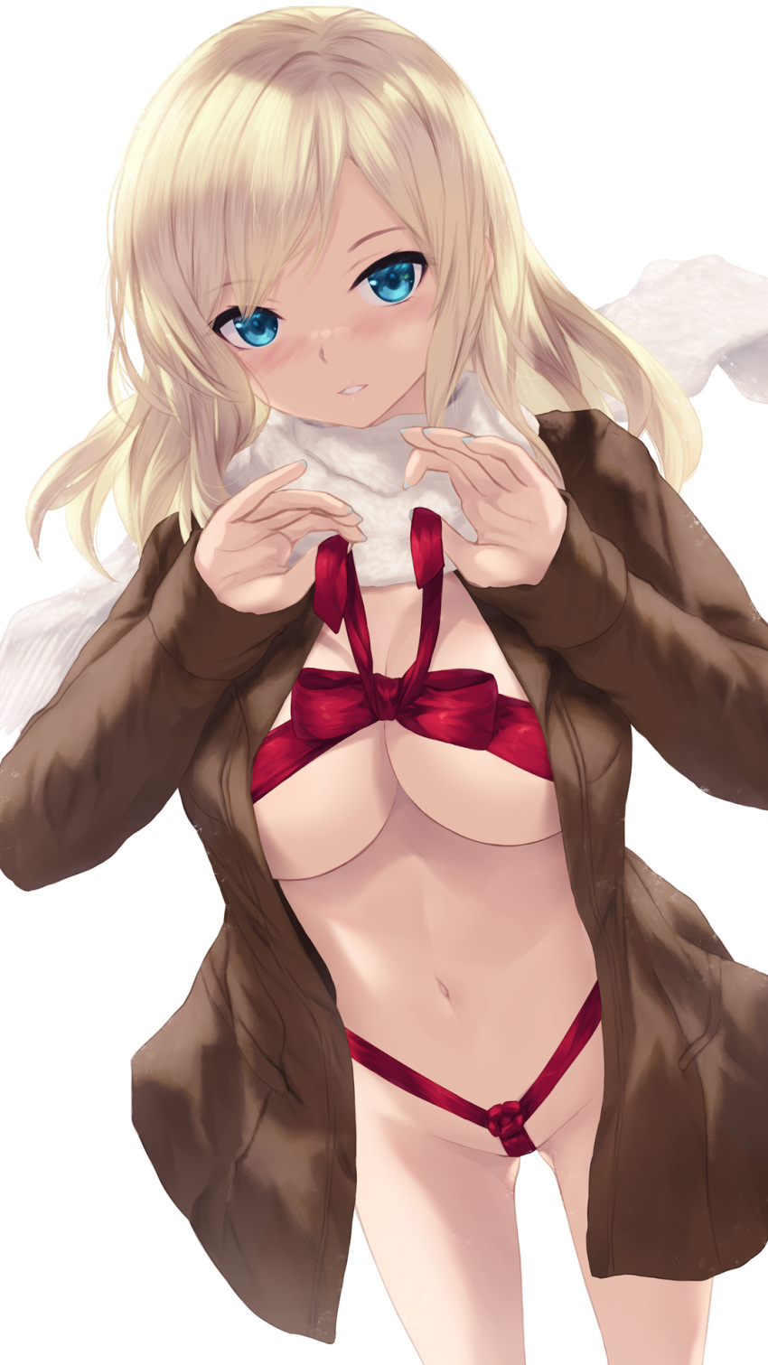 1girls blonde_hair boku_wa_tomodachi_ga_sukunai cait cait_aron christmas coat long_hair looking_at_viewer ribbon sena_kashiwazaki solo solo_female solo_focus