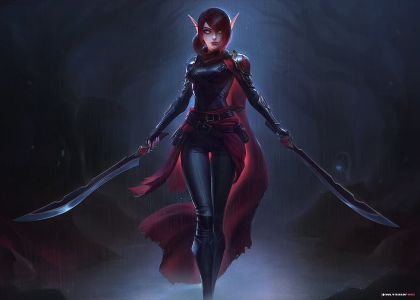 1girls armor belt blood_elf cape clothed fanfoxy glowing_eyes holding_sword looking_at_viewer rain red_hair solo standing sword world_of_warcraft yellow_eyes