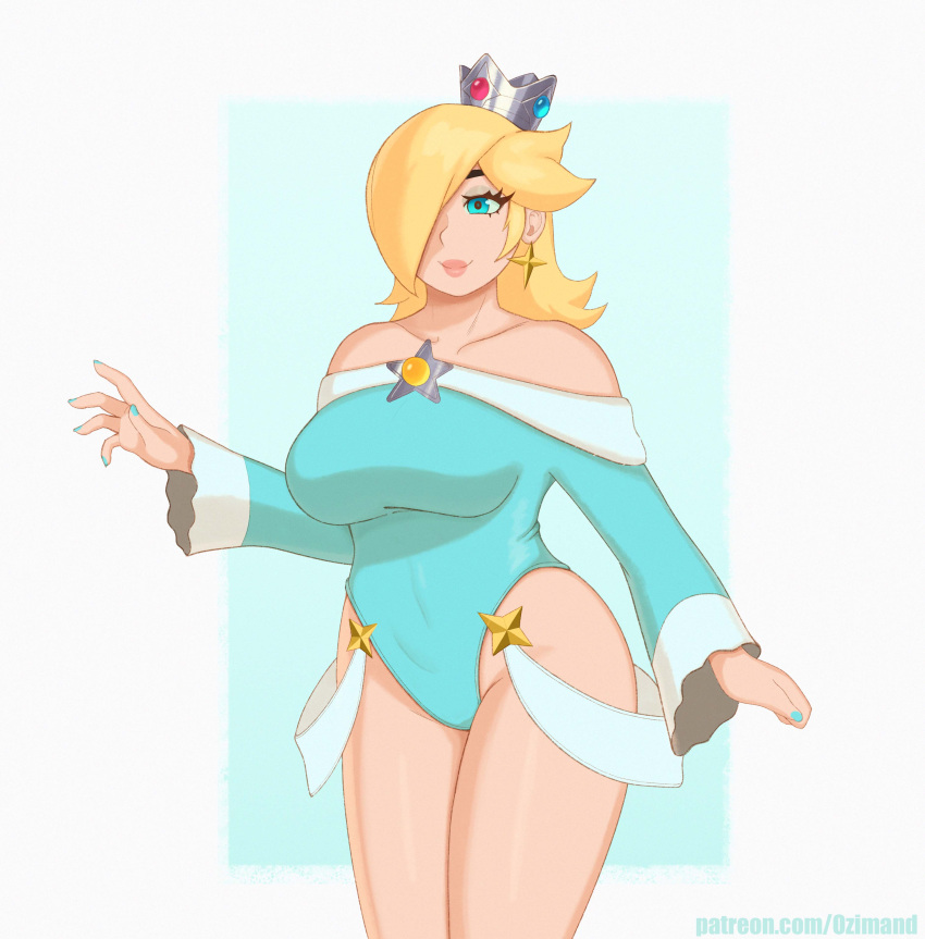 1girls big_lips blonde_hair blue_dress blue_eyes blush breast_focus breasts female female_focus female_only fully_clothed looking_to_the_side mario_(series) nintendo ozimand princess_rosalina simple_background solo standing star tight_clothing