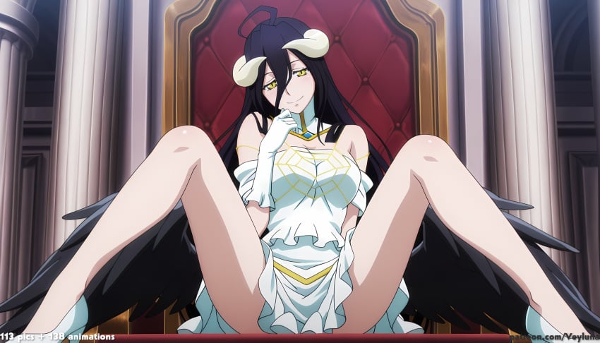 1girl 1girls absurd_res ai_assisted ai_generated albedo_(overlord) anime ass bare_shoulders black_hair black_wings boobs breasts bubble_butt butt cleavage columns curvaceous curvy curvy_figure demon_girl dress gloves gold_trim hand_to_mouth high_resolution highres horns hourglass_figure huge_ass huge_butt indoors large_breasts light-skinned_female long_hair looking_at_viewer mole_under_eye on_throne overlord_(maruyama) patreon patreon_logo patreon_username seductive_smile sitting solo spread_legs thick_thighs thighs throne voluptuous white_dress white_gloves wide_hips yellow_eyes