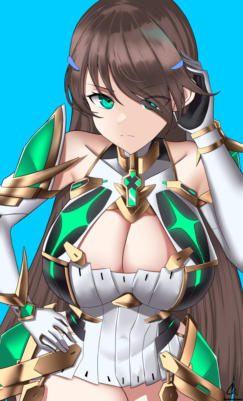 brown_hair chu-e cleavage cosplay female long_hair mythra_(xenoblade)_(cosplay) shion_uzuki tagme xenoblade_chronicles_2 xenosaga