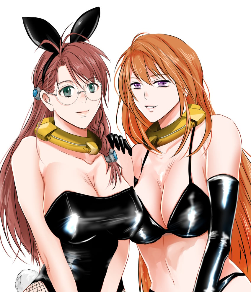 2girls alternate_breast_size big_breasts brown_hair crossover elhaym_van_houten female glasses hayame_(m_ayame) long_hair shion_uzuki tagme xenogears xenosaga