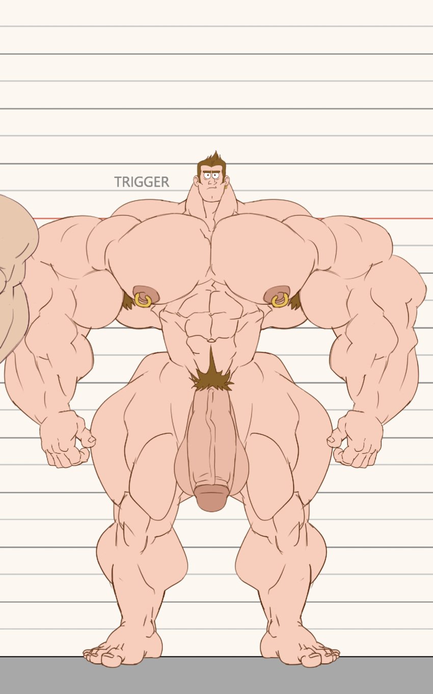 armpit_hair balls bara barefoot big_muscles big_penis disney feet flaccid gravity_falls height_chart human hyper_muscles jeff_trigger male male_only muscles muscular nipple_piercing nude penis remert solo solo_male standing