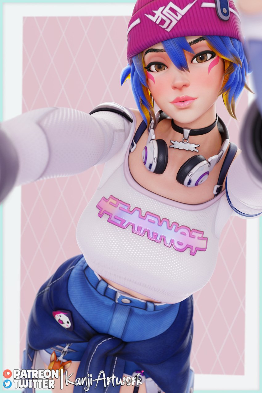 3d 3d_(artwork) 3dx antifragile_kira-kira beanie beanie_hat blue_hair blush brown_eyes cute cute_face kanjiartwork kanjihentai kiriko_(overwatch) le_sserafim looking_at_viewer multicolored_hair overwatch overwatch_2 selfie short_hair yellow_hair