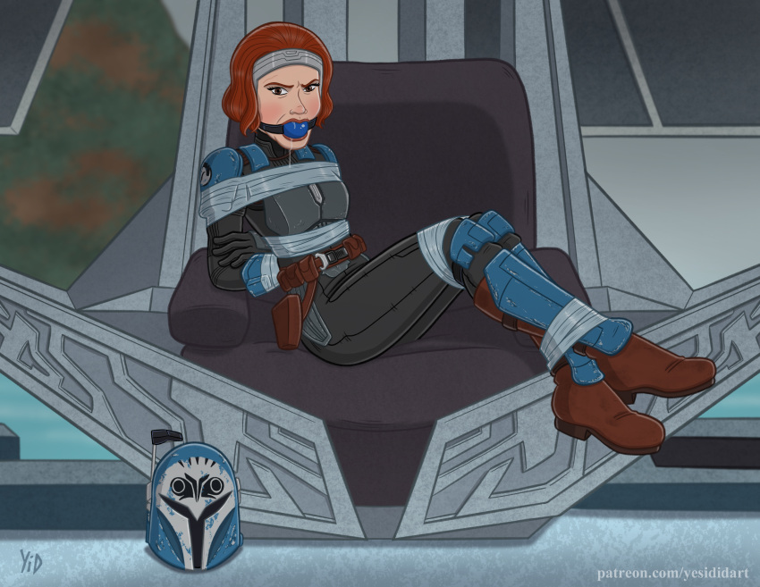 ball_gag bo-katan_kryze bondage chair duct_tape femsub gag gagged kalevala_(planet) mandalorian on_chair restrained sitting star_wars submissive tape tape_bondage the_mandalorian throne throne_room yes_i_did