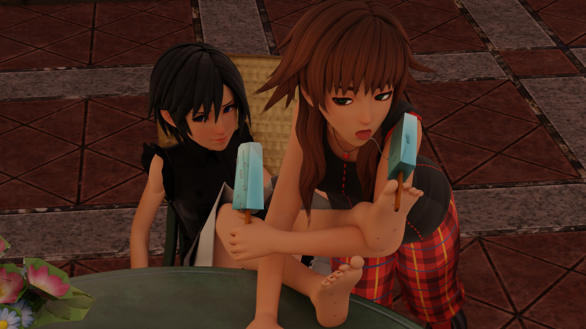 2girls 3d black_hair blender blue_eyes brown_hair feet foot_fetish foot_focus green_eyes ice_cream kingdom_hearts olette roseza xion