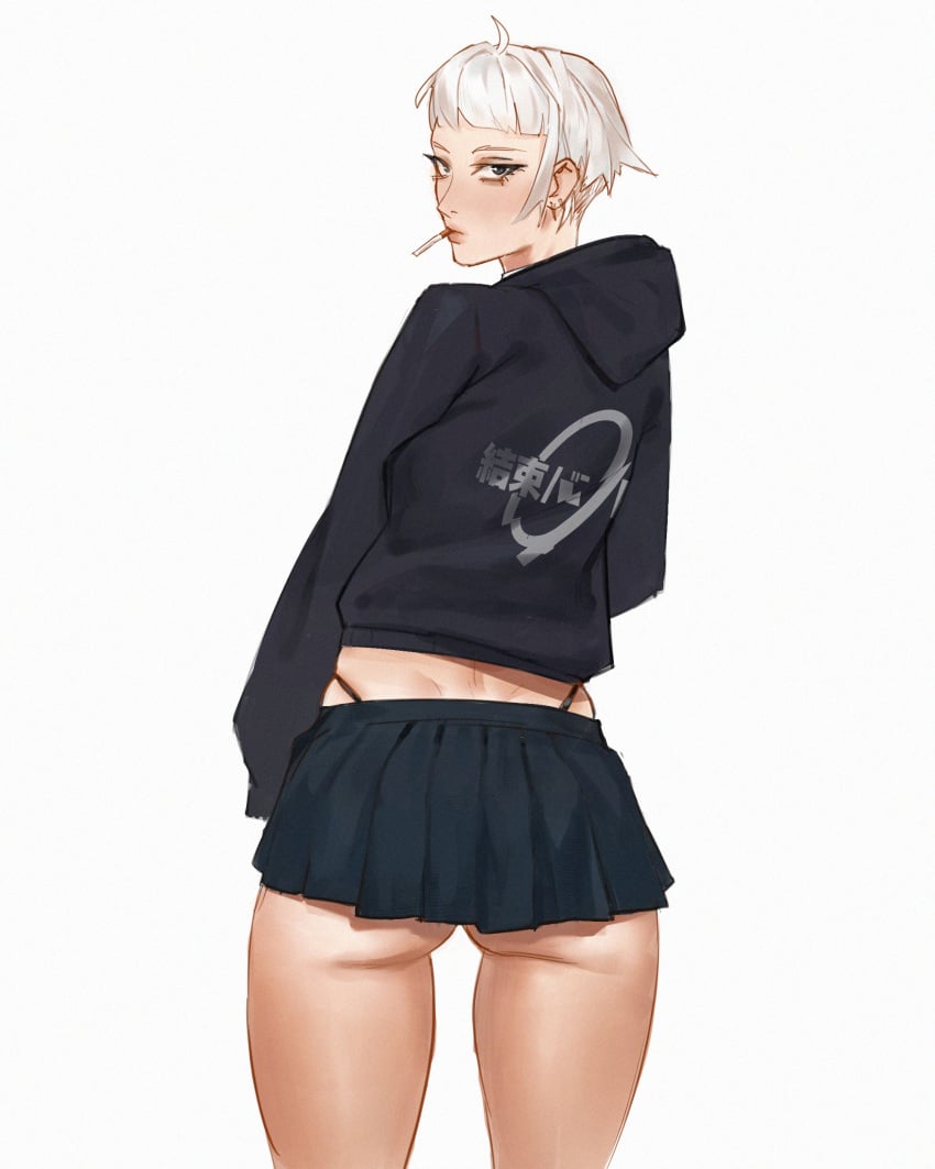 1girls ass_cheeks big_ass character_request cigarette cigarette_in_mouth ear_piercing fat_ass hoodie kanavachan light_skin looking_at_viewer looking_back miniskirt serious_look sfw short_hair short_skirt solo thong white_hair