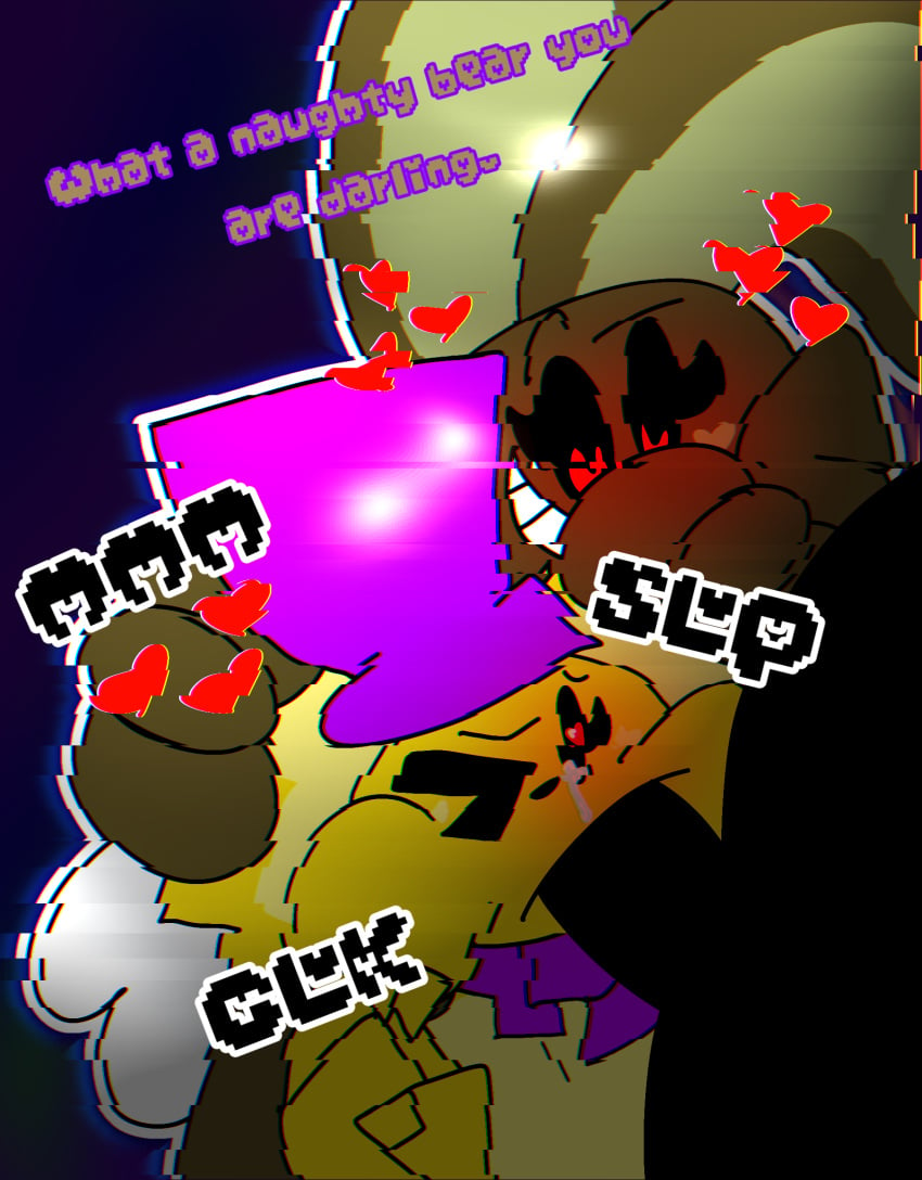 big_breasts blowjob breasts bunny_ears chaoticdream dialogue english_text female female_focus five_nights_at_freddy's forced fredbear_(fnaf) glitch glitchtrap golden_freddy_(fnaf) heart heart-shaped_pupils nervous tears text yellow_fur