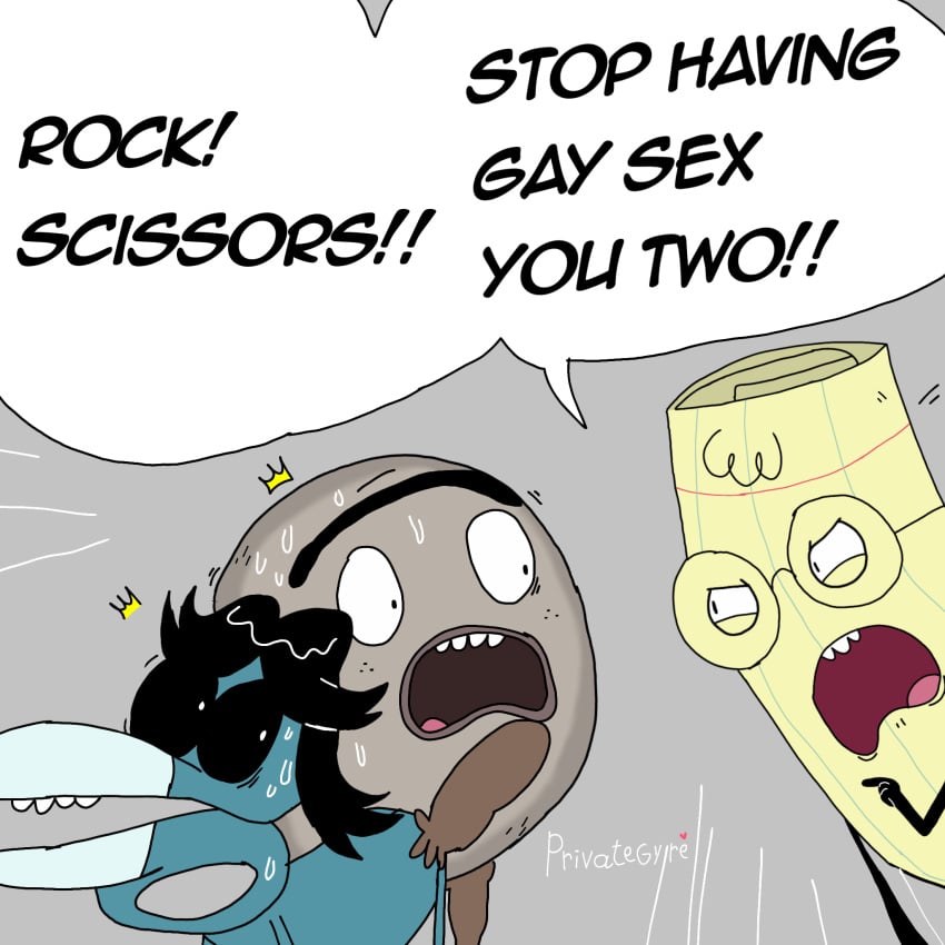 animate_inanimate anthro group hi_res male not_furry paper_(rock_paper_scissors) privategyre rock_(rock_paper_scissors) rock_paper_scissors rock_paper_scissors_(nickelodeon) rock_paper_scissors_(series) scissors_(rock_paper_scissors) sweat text trio unibrow