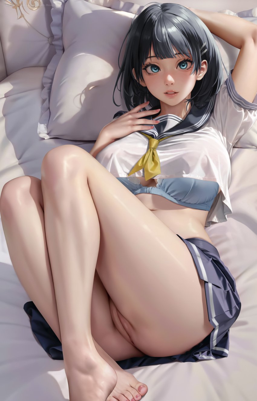 1girls ai_generated barefoot black_hair blue_eyes bottomless female kirigaya_suguha looking_at_viewer pussy pussy_peek solo sword_art_online thighs vagina yiqiang