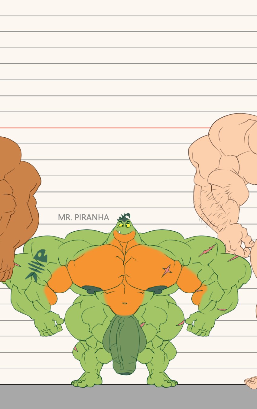 anthro balls bara big_muscles big_penis flaccid height_chart hyper_muscles male male_only mr._piranha_(the_bad_guys) muscles muscular nude penis piranha_(fish) remert solo solo_male standing the_bad_guys