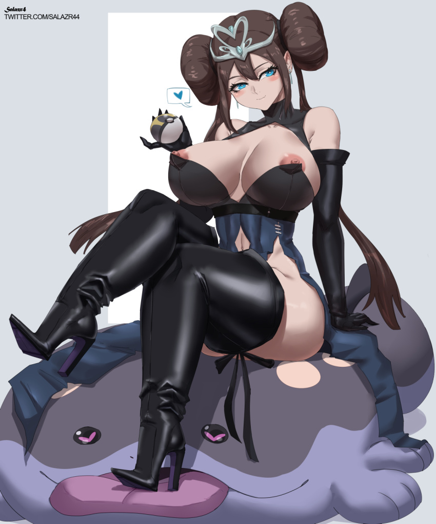 1girls aged_up blue_eyes boots breasts clodsire dominatrix female femdom game_freak generation_9_pokemon gentle_femdom gentle_mommy heels hi_res huge_breasts light-skinned_female long_hair nintendo pokémon_(species) pokemon pokemon_bw2 rosa_(pokemon) salazr4 simple_background thick_thighs twin_buns twintails wide_hips